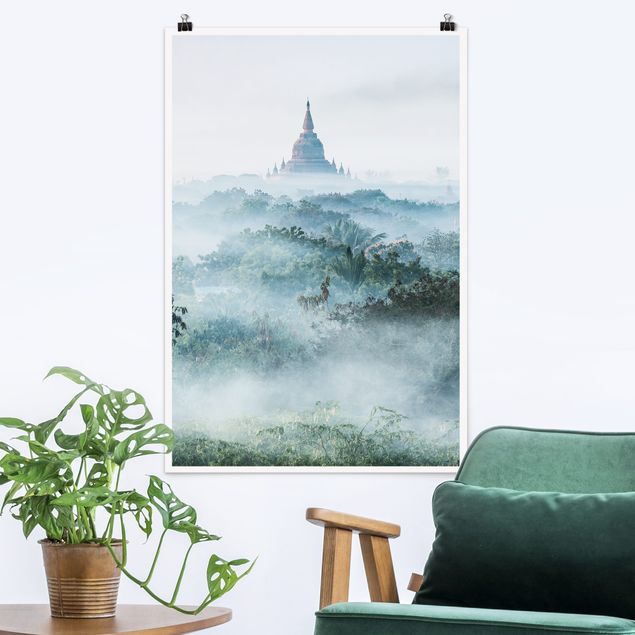 Poster Natur Morgennebel über dem Dschungel von Bagan