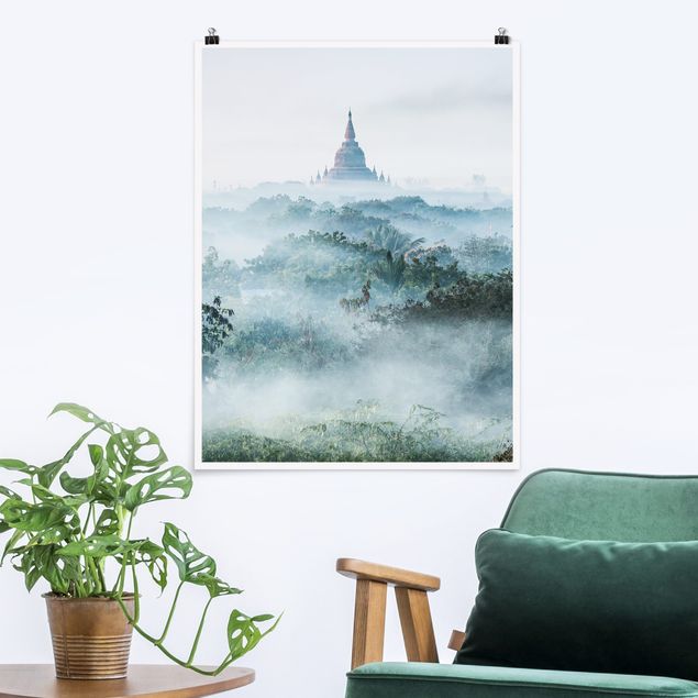 Poster Natur Morgennebel über dem Dschungel von Bagan