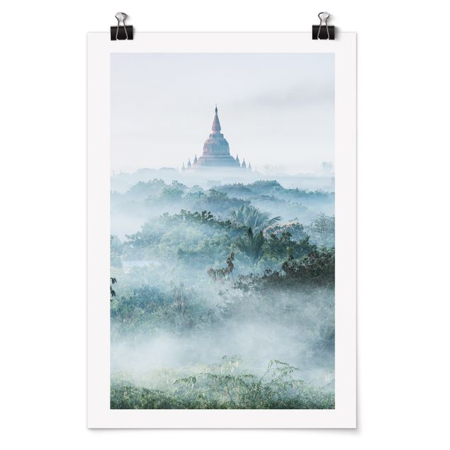 Poster Morgennebel über dem Dschungel von Bagan