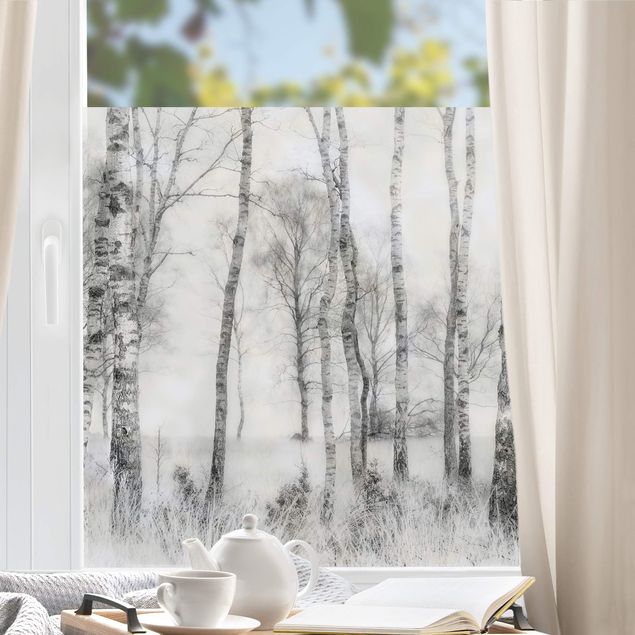 Fensterbild Wald Mystischer Birkenwald Schwarz-Weiß