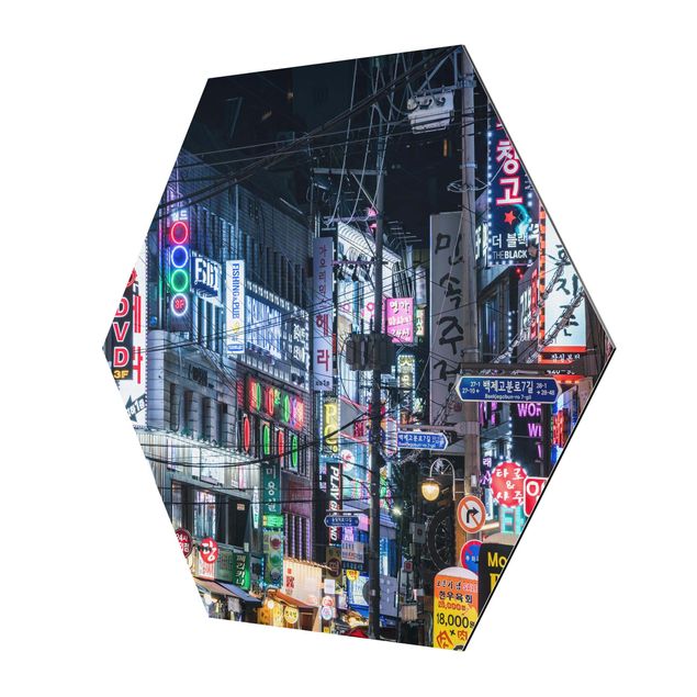 Hexagon Bild Alu-Dibond - Nachtleben von Seoul