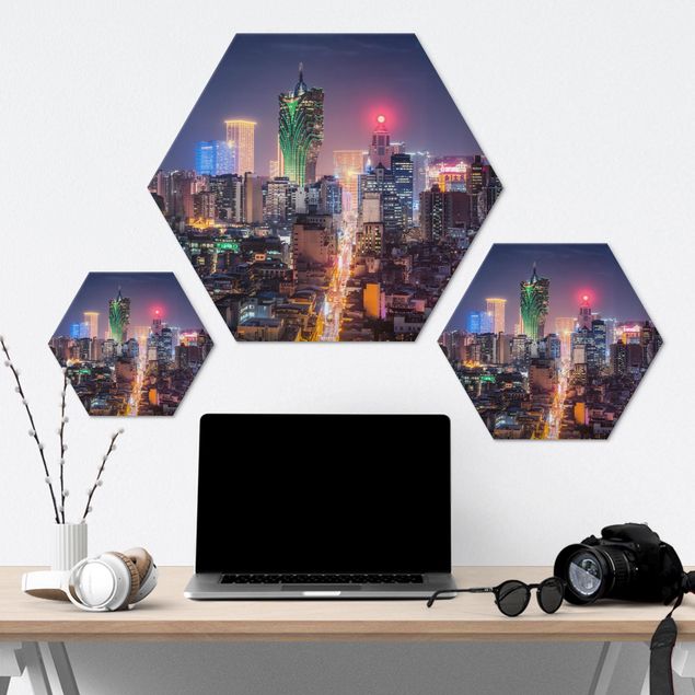 Hexagon Bild Alu-Dibond - Nachtlichter von Macau