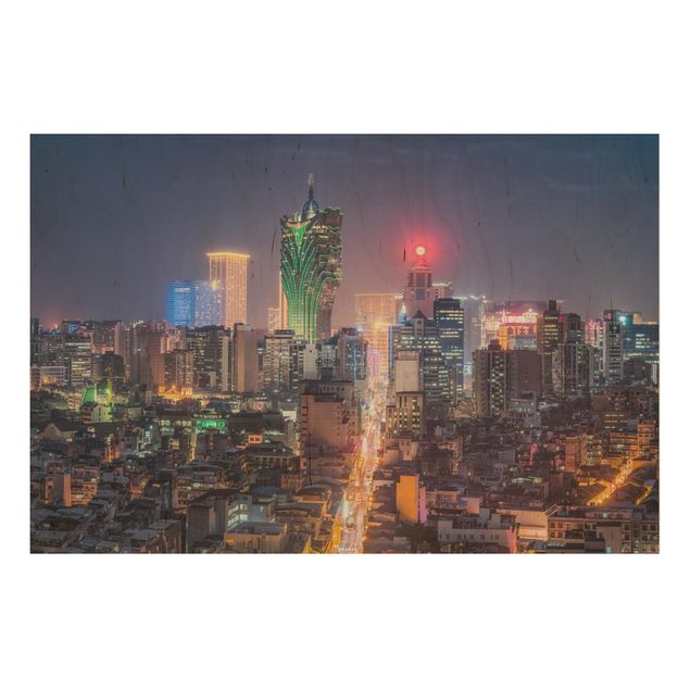 Holzbild Skyline Nachtlichter von Macau