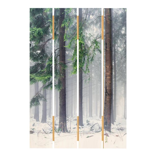 Wandbild Holz Nadelbäume im Winter