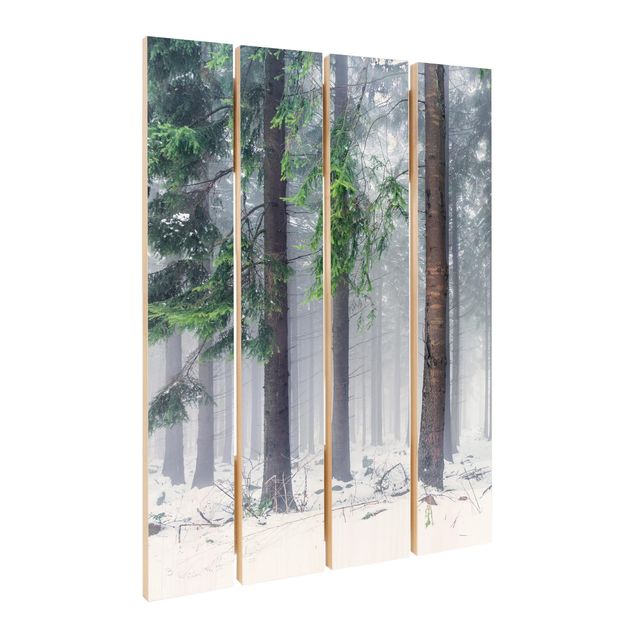 Holzbild - Nadelbäume im Winter - Hochformat
