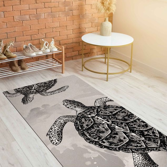 Teppich schwarz-weiß Nautik Drei Schildkröten Schwarz Weiß