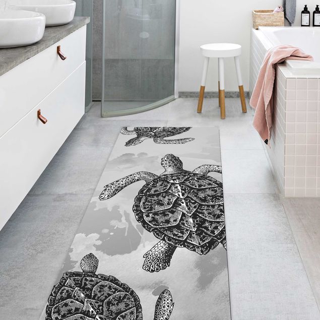 Moderne Teppiche Nautik Drei Schildkröten Schwarz Weiß