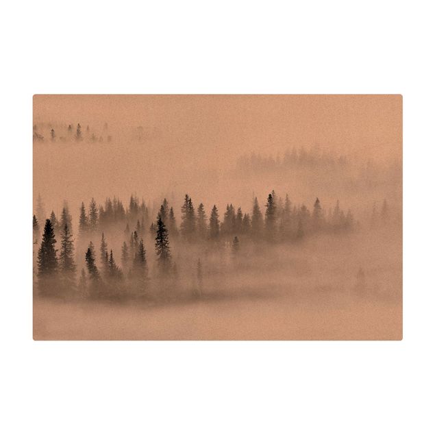 Teppich Esszimmer Nebel im Tannenwald Schwarz-Weiß