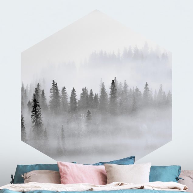Wandtapete Baum Nebel im Tannenwald Schwarz-Weiß