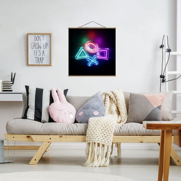 Stoffbild mit Posterleisten - Neon Kreis Quadrat Dreieck X - Quadrat 1:1