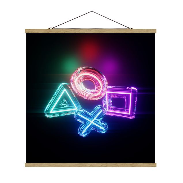 Stoffbild mit Posterleisten - Neon Kreis Quadrat Dreieck X - Quadrat 1:1