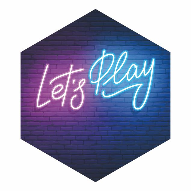 Hexagon Mustertapete selbstklebend - Neon Schrift Let's Play
