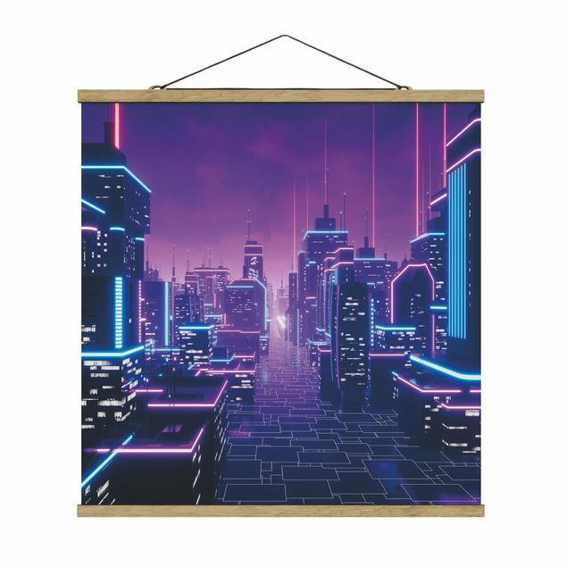 Stoffbild mit Posterleisten - Neon Stadtlichter - Quadrat 1:1