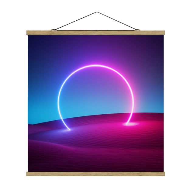 Stoffbild mit Posterleisten - Neonlichtkreis im Sand - Quadrat 1:1