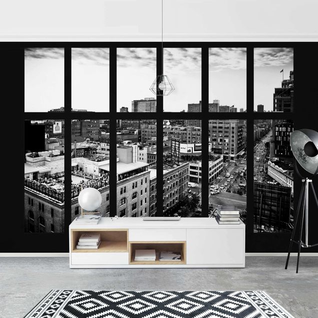3D Tapete New York Fensterblick schwarz-weiß