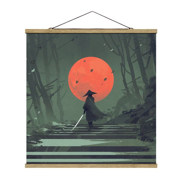 Stoffbild mit Posterleisten - Ninja im roten Mondschein - Quadrat 1:1