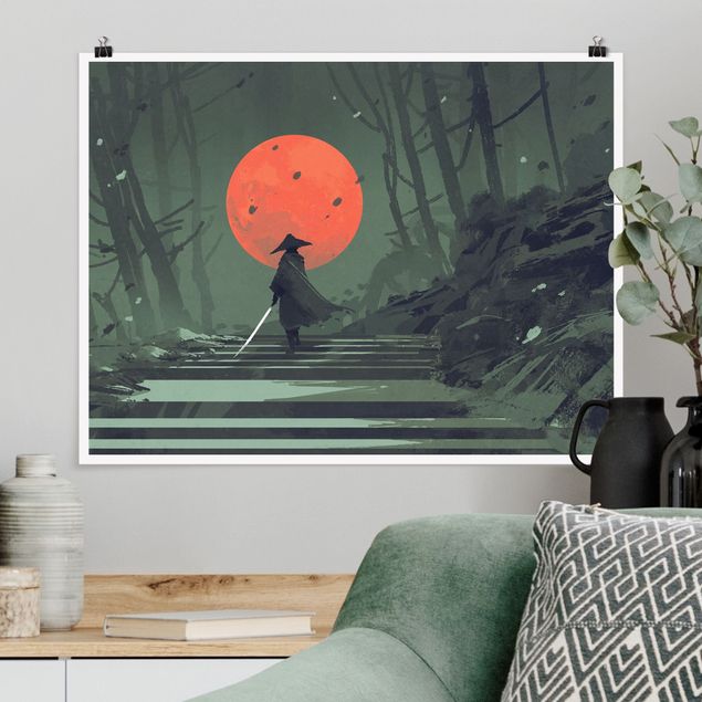 Poster Illustration Ninja im roten Mondschein