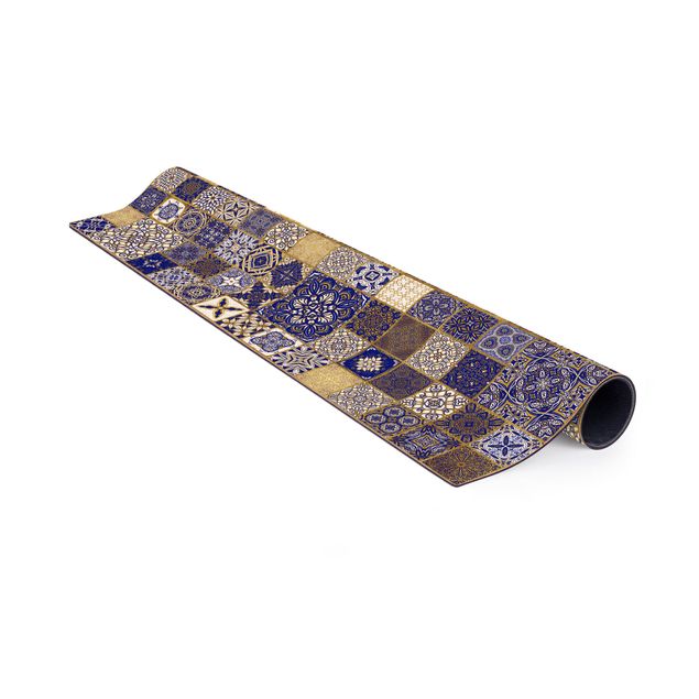 Teppich Orientalisch Orientalische Fliesen Blau mit Goldschimmer