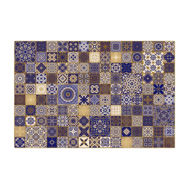Teppich Esszimmer Orientalische Fliesen Blau mit Goldschimmer
