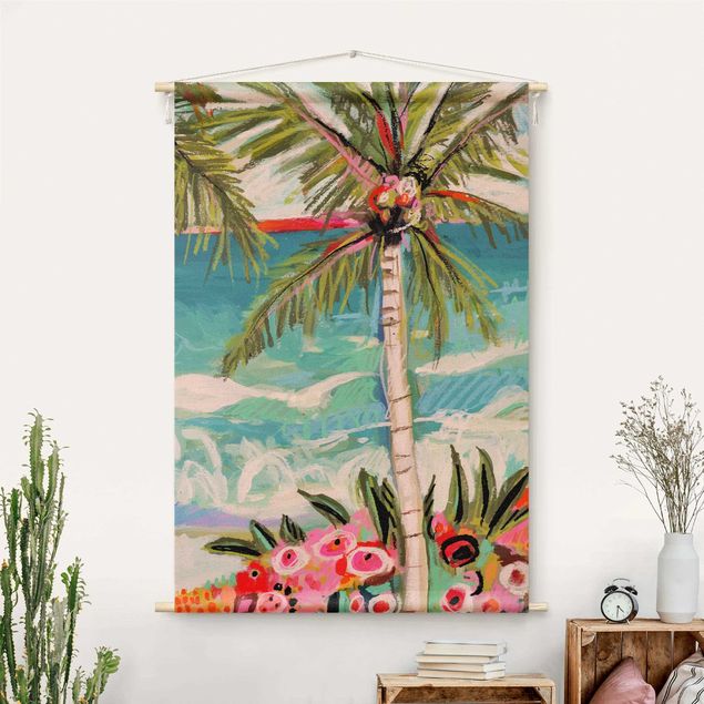 Moderne Wandteppiche Palme mit pinken Blumen II
