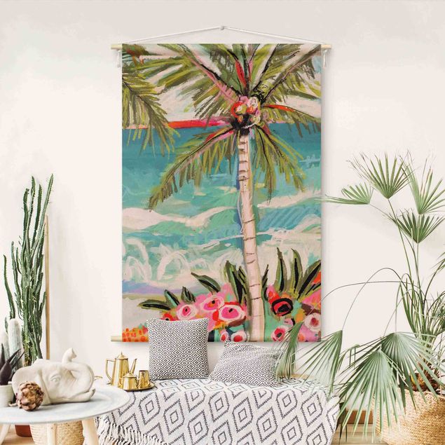 Wandbehang Natur Palme mit pinken Blumen II