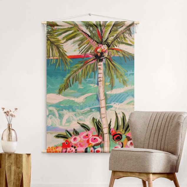 Wandbehang Stoffbild Palme mit pinken Blumen II