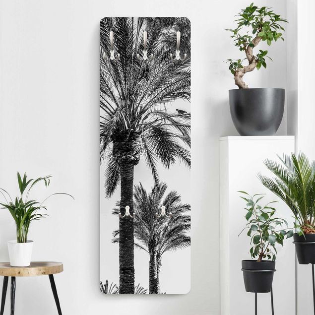 Garderobenpaneel weiß Palmen im Sonnenuntergang Schwarz-Weiß