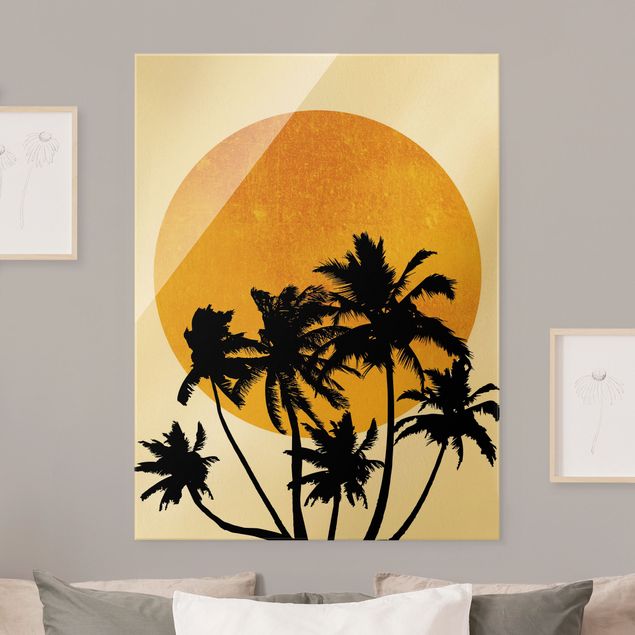 XXL Glasbilder Palmen vor goldener Sonne