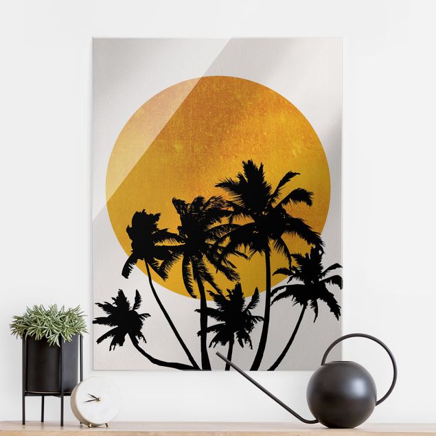 Glasbilder Sonnenuntergang Palmen vor goldener Sonne