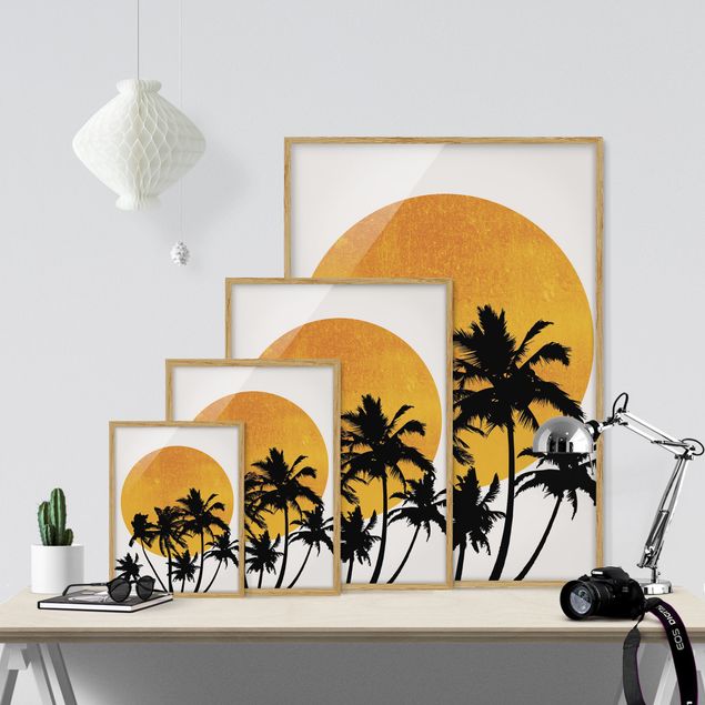 Bild mit Rahmen - Palmen vor goldener Sonne - Hochformat