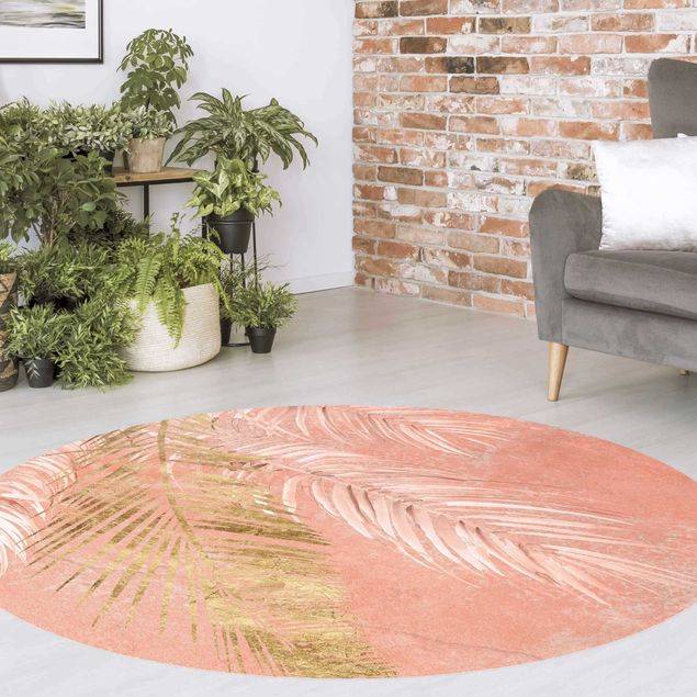 Teppich modern Palmenblätter Rosa und Gold I