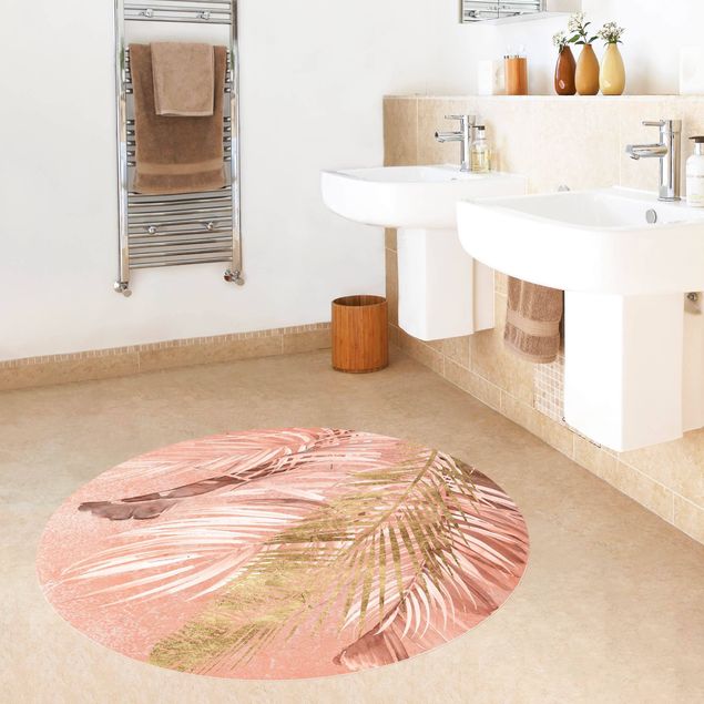 Moderne Teppiche Palmenblätter Rosa und Gold II