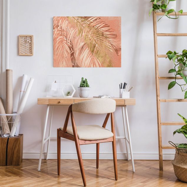 Wandbilder Wohnzimmer modern Palmenblätter Rosa und Gold II