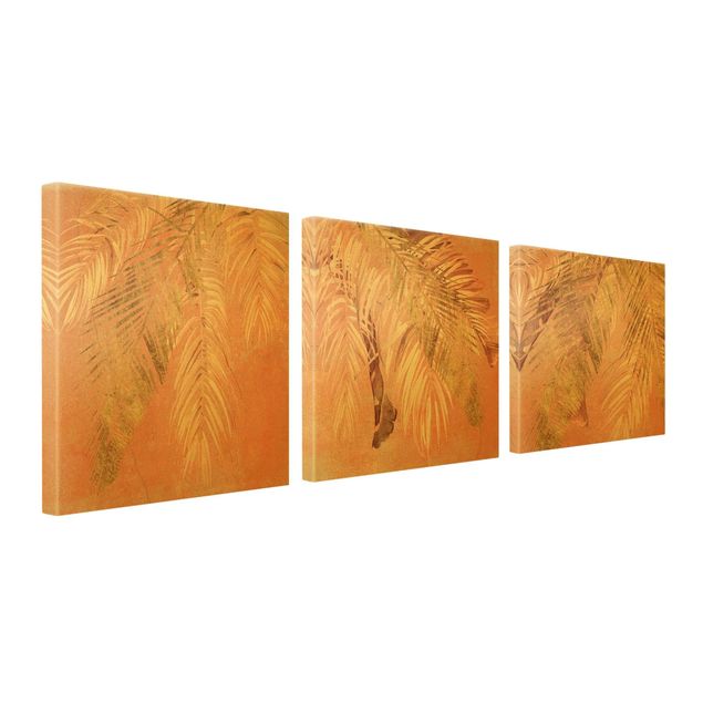 Leinwandbild 3-teilig - Palmenblätter Trio Rosa und Gold