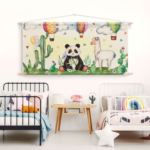 Moderne Wandteppiche Panda und Lama Aquarell