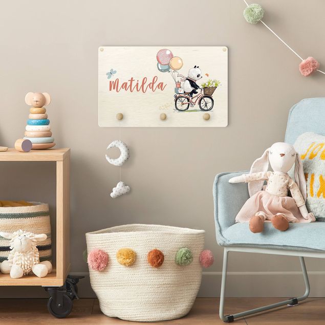 Wandgarderobe mit Tieren Kinderzimmer Pandabär auf Blumenrad mit Wunschname