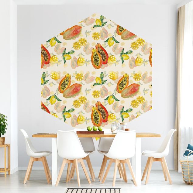 Hexagon Mustertapete selbstklebend - Papayas und Zitronen