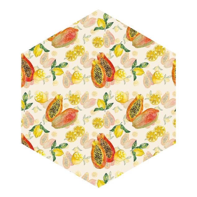 Hexagon Mustertapete selbstklebend - Papayas und Zitronen