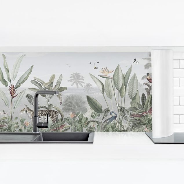 Küchenrückwand Glas Motiv Blumen Paradiesvögel im Dschungelpanorama