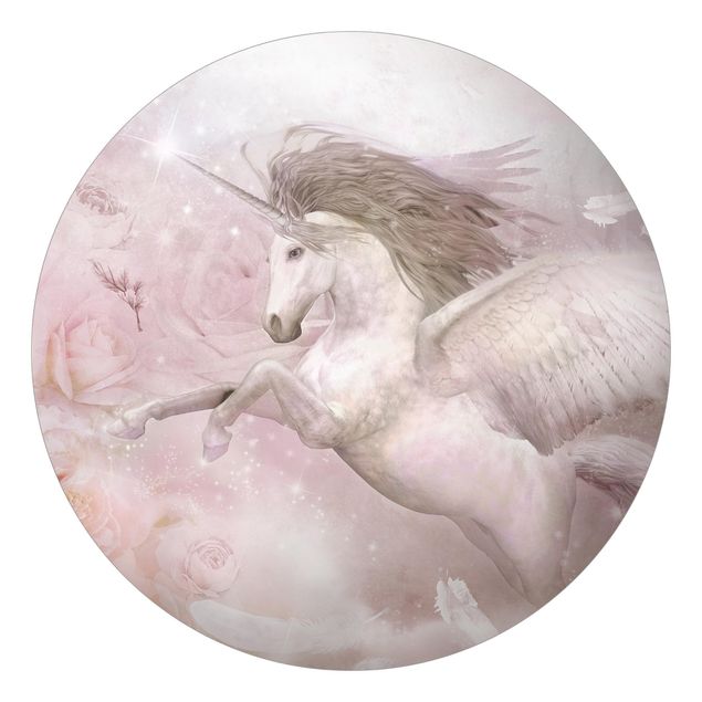 Fototapete rosa Pegasus Einhorn mit Rosen