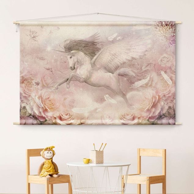 Wandbilder Tiere Pegasus Einhorn mit Rosen