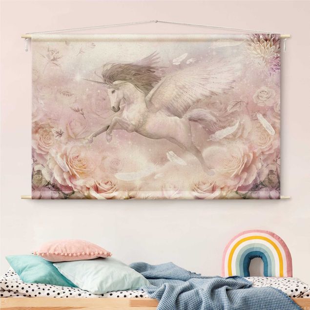 Wandbehang XXL Pegasus Einhorn mit Rosen