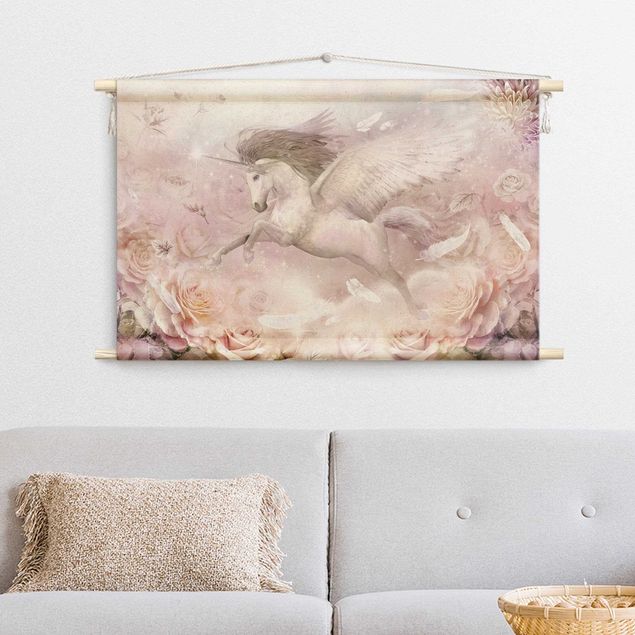 Wandbehang Stoffbild Pegasus Einhorn mit Rosen
