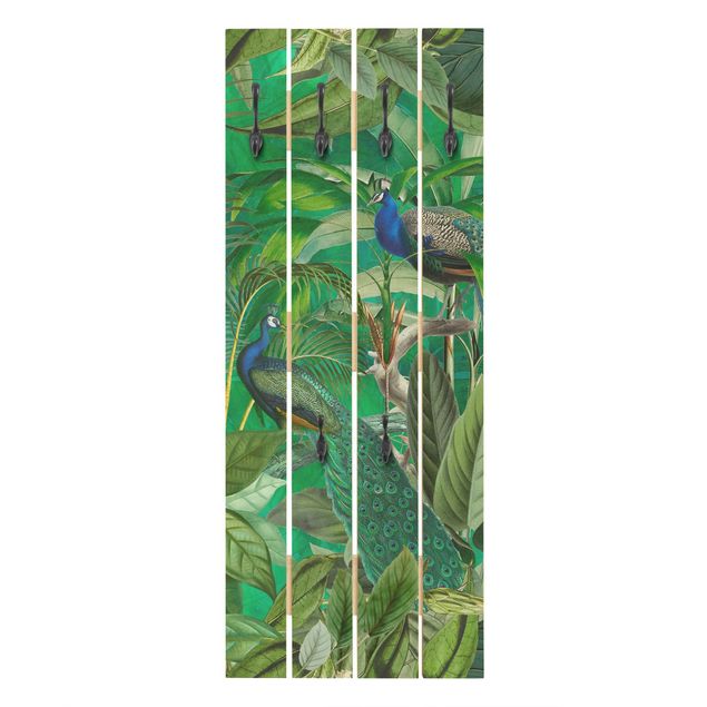 Wandgarderobe Holzpalette - Pfauen im Dschungel