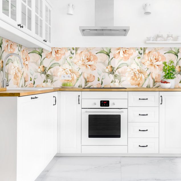 Küchenrückwand Glas Motiv Blumen Pfingstrosen Aquarell Muster Beige