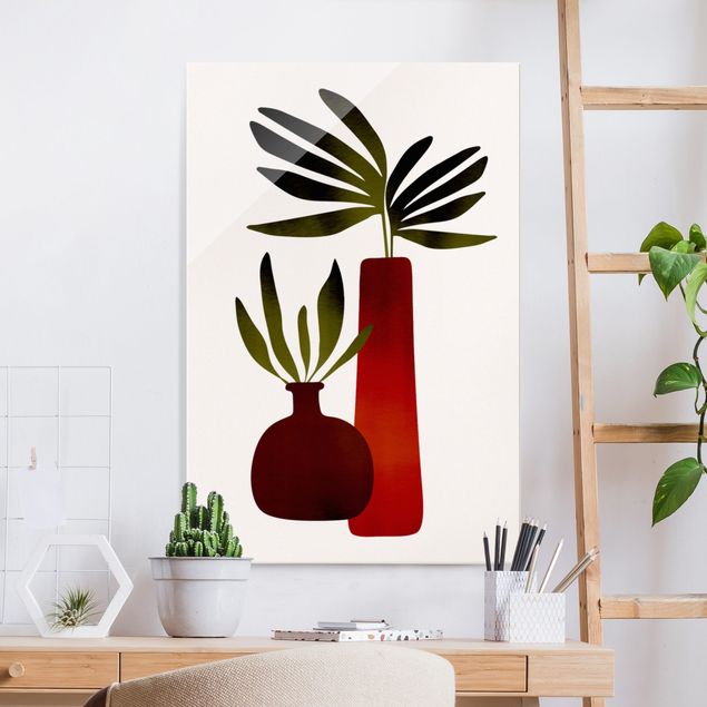 Glasbilder XXL Pflanzen in roten Vasen