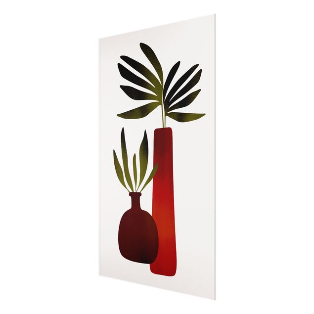Glasbild - Pflanzen in roten Vasen - Hochformat 2:3