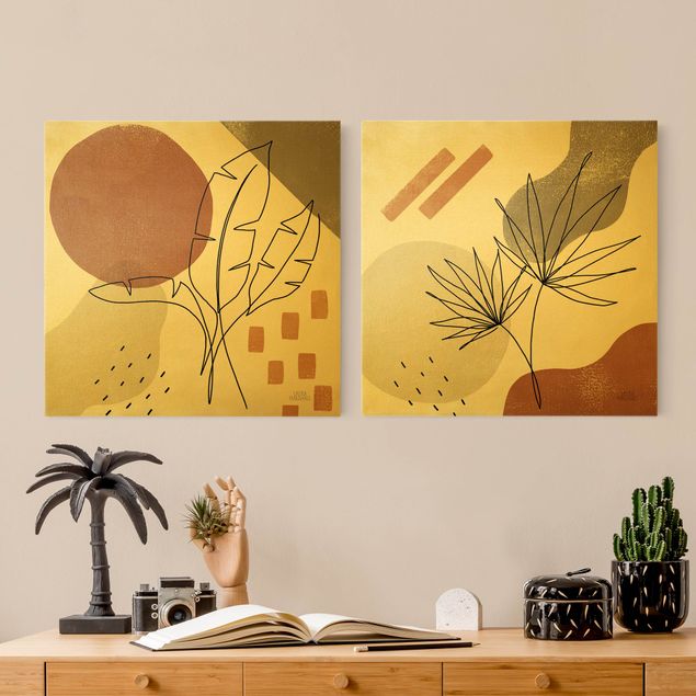 Wandbilder XXL Pflanzenblätter Lineart und Terracotta Farben