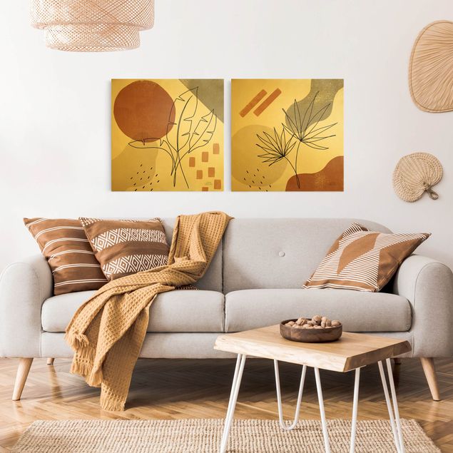 Wandbilder Wohnzimmer modern Pflanzenblätter Lineart und Terracotta Farben