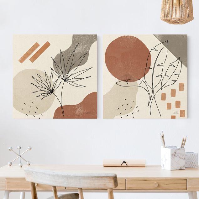 Wandbilder Wohnzimmer modern Pflanzenblätter Lineart und Terracotta Farben
